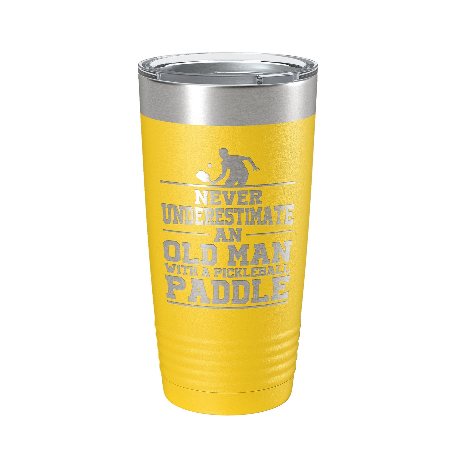 Funny Pickleball Tumbler Never Underestimate An Old Man With A Pickle Ball Paddle Travel Mug Insulated Laser Engraved Coffee Cup Gift 20 oz