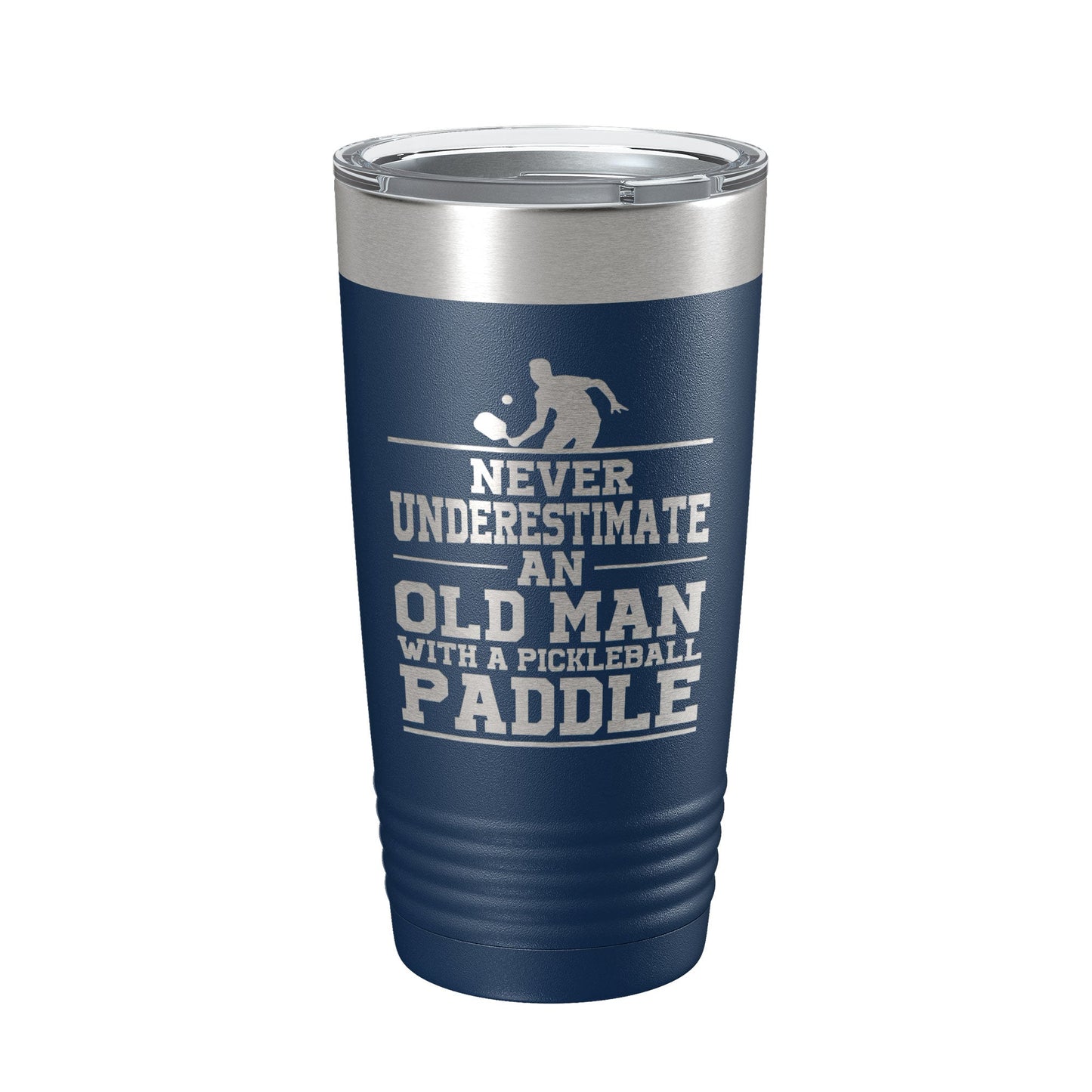 Funny Pickleball Tumbler Never Underestimate An Old Man With A Pickle Ball Paddle Travel Mug Insulated Laser Engraved Coffee Cup Gift 20 oz