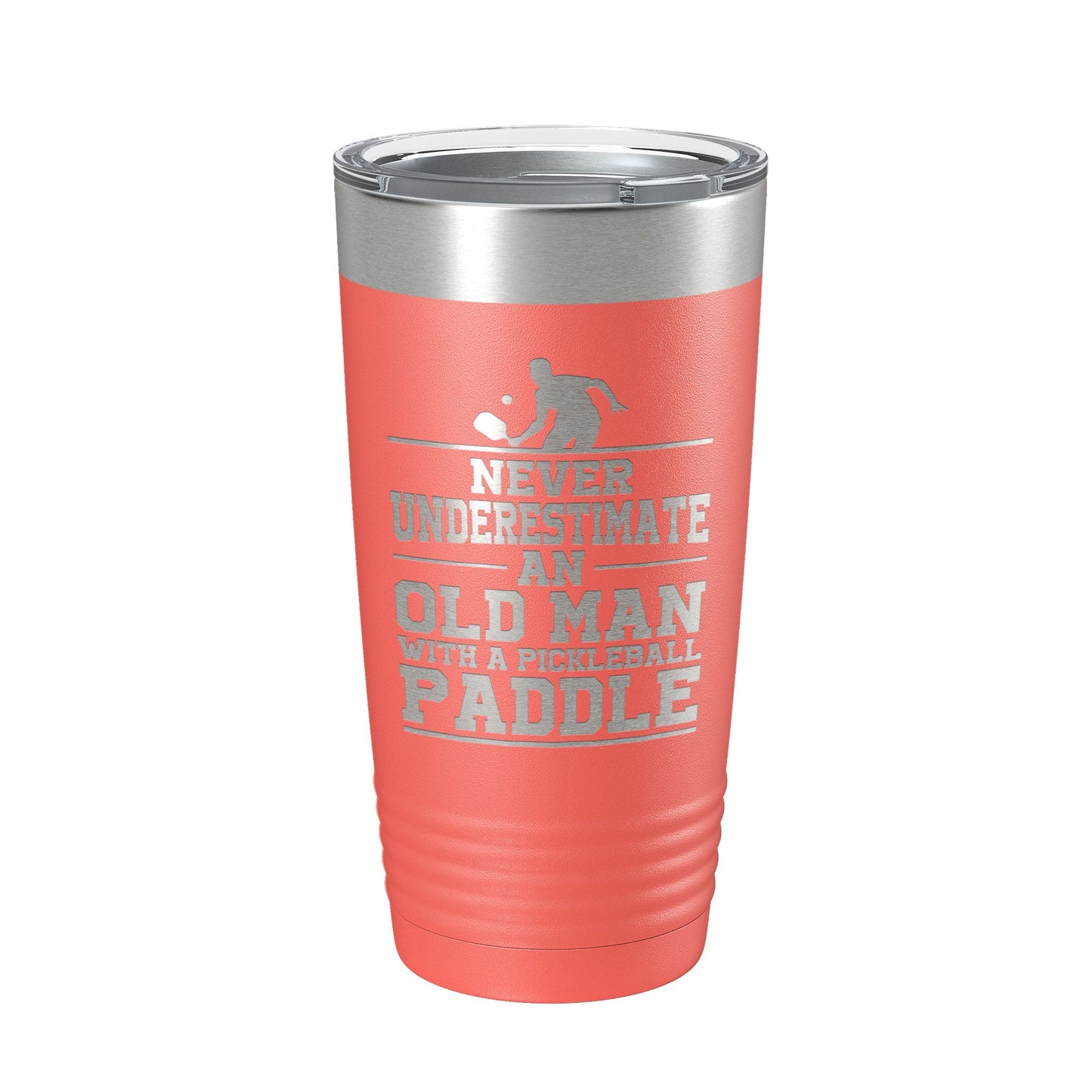 Funny Pickleball Tumbler Never Underestimate An Old Man With A Pickle Ball Paddle Travel Mug Insulated Laser Engraved Coffee Cup Gift 20 oz