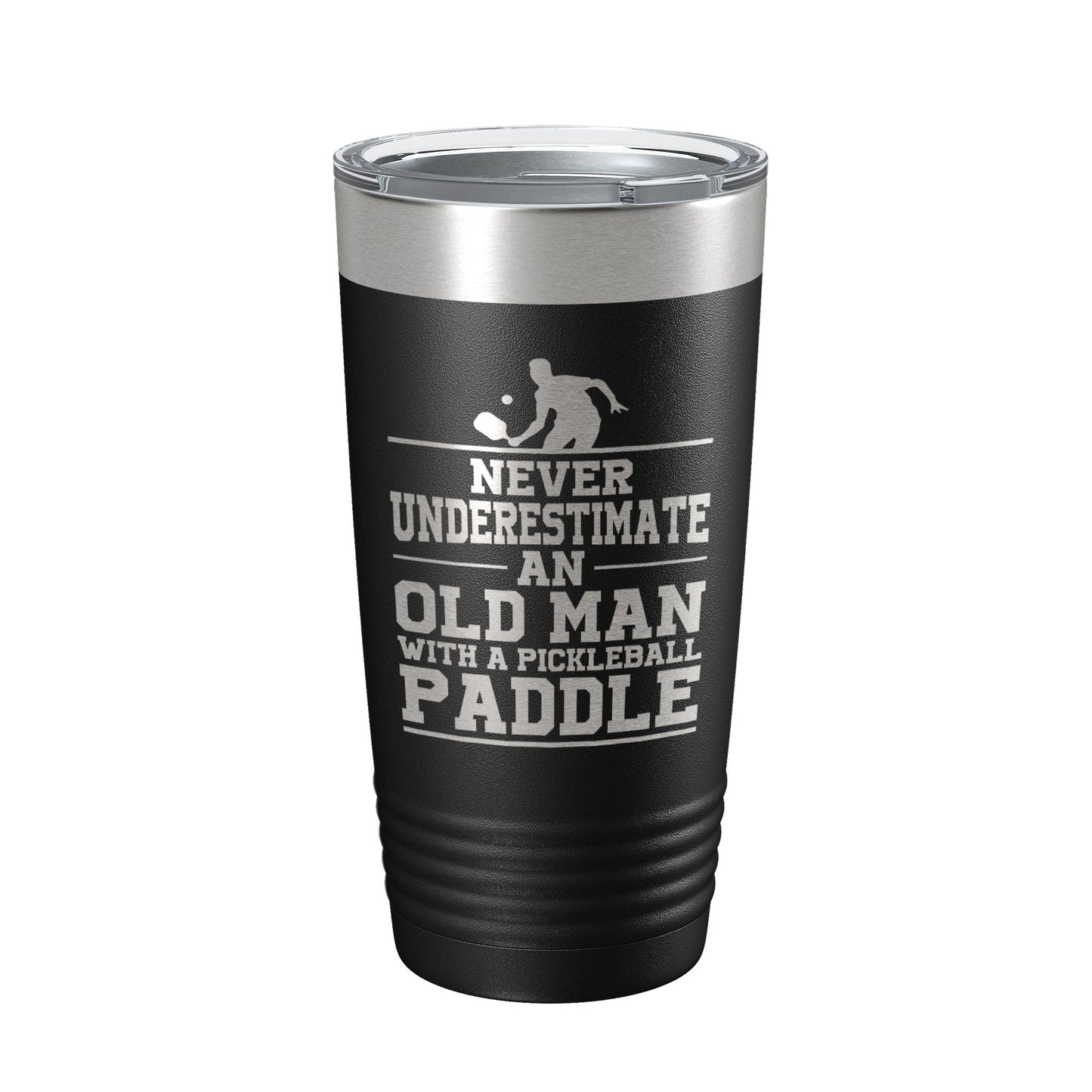 Funny Pickleball Tumbler Never Underestimate An Old Man With A Pickle Ball Paddle Travel Mug Insulated Laser Engraved Coffee Cup Gift 20 oz