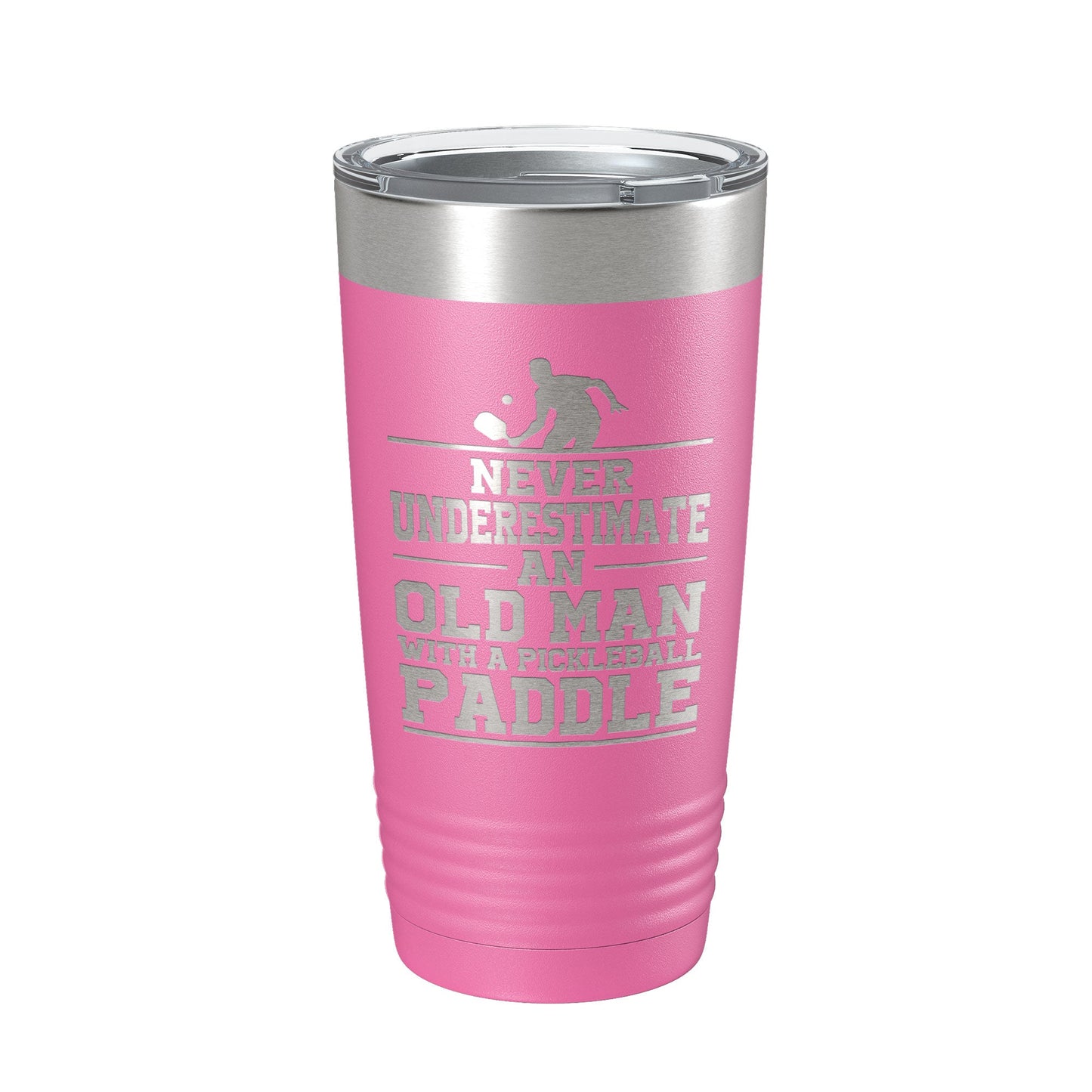 Funny Pickleball Tumbler Never Underestimate An Old Man With A Pickle Ball Paddle Travel Mug Insulated Laser Engraved Coffee Cup Gift 20 oz
