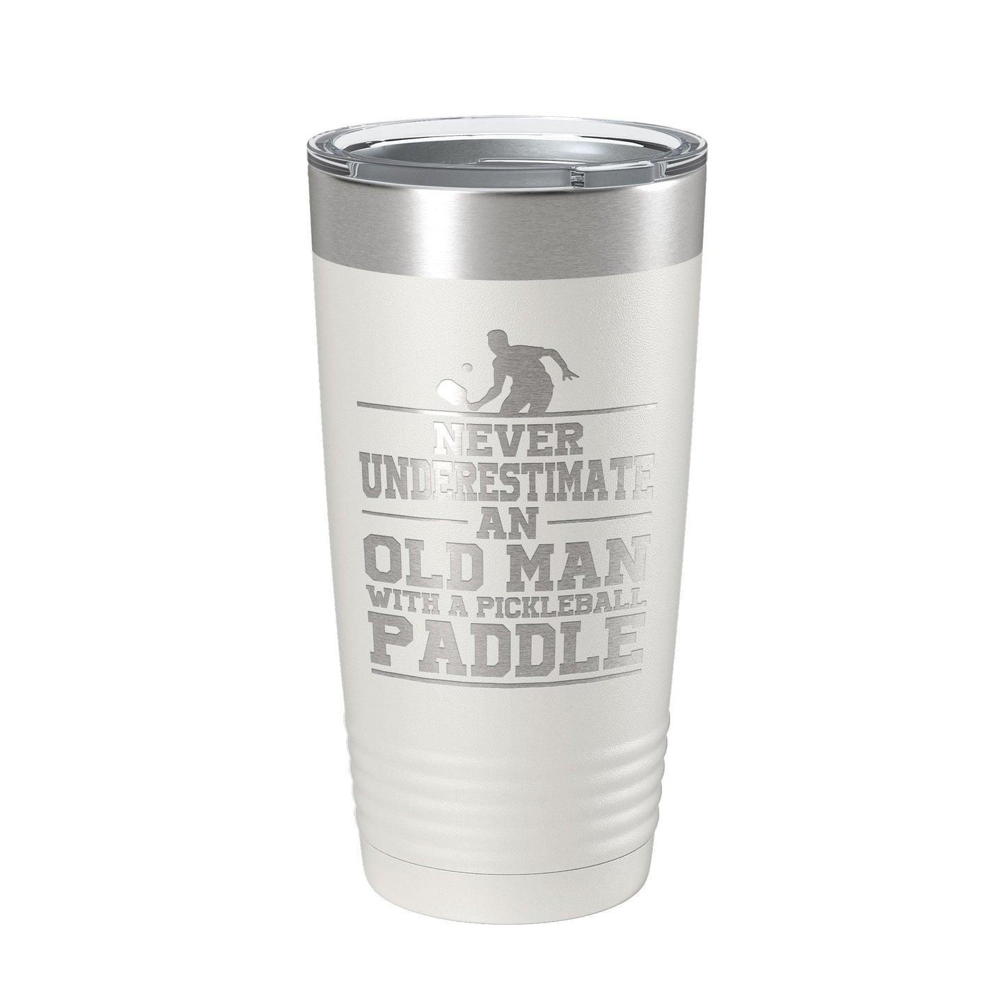 Funny Pickleball Tumbler Never Underestimate An Old Man With A Pickle Ball Paddle Travel Mug Insulated Laser Engraved Coffee Cup Gift 20 oz